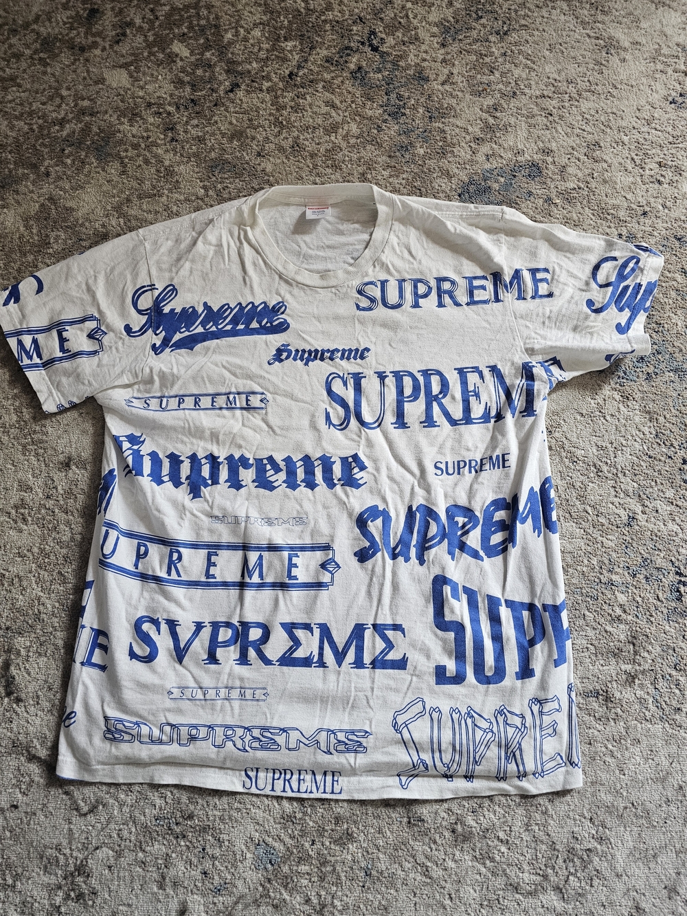 Supreme White T-Shirt with Blue All-Over Logos Mens Size Large